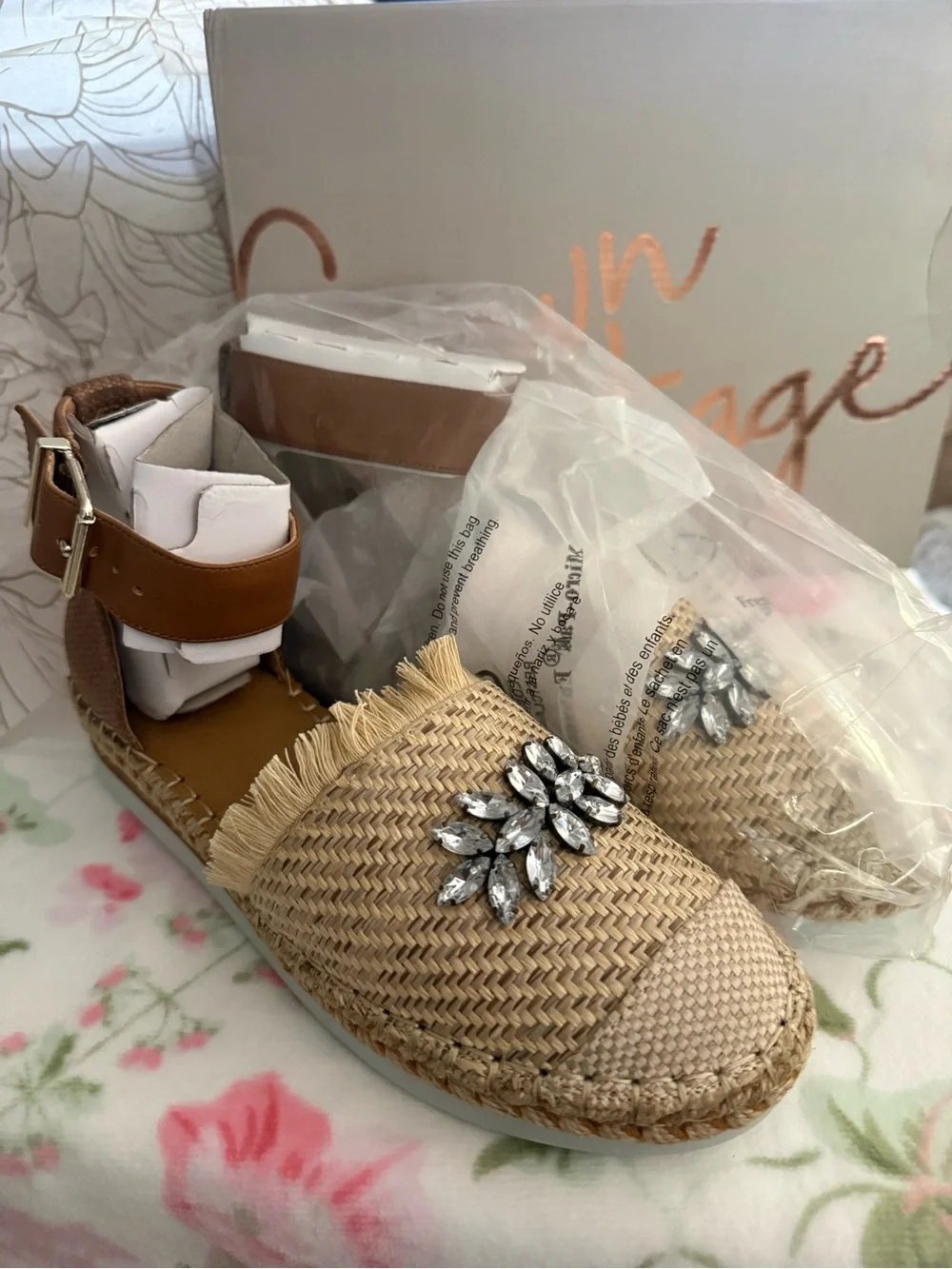 Crown Vintage Beige and Tan Jeweled Espadrille Ankle-Strap Flats